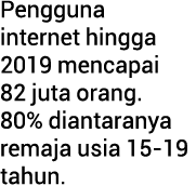 Pengguna internet hingga 2019 mencapai 82 juta orang  80% diantaranya remaja usia 15-19 tahun 