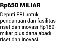 Rp650 MILIAR Deputi FRI untuk pendanaan dan fasilitas riset dan inovasi Rp189 miliar plus dana abadi riset dan inovasi 