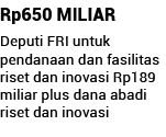 Rp650 MILIAR Deputi FRI untuk pendanaan dan fasilitas riset dan inovasi Rp189 miliar plus dana abadi riset dan inovasi 