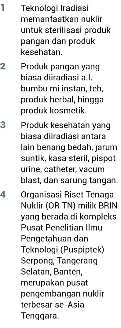 1 Teknologi Iradiasi memanfaatkan nuklir untuk sterilisasi produk pangan dan produk kesehatan  2 Produk pangan yang b   