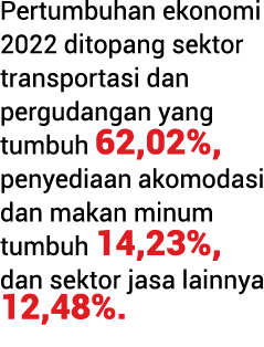 Pertumbuhan ekonomi 2022 ditopang sektor transportasi dan pergudangan yang tumbuh 62,02%, penyediaan akomodasi dan ma...