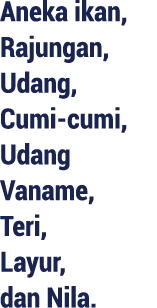 Aneka ikan, Rajungan, Udang, Cumi cumi, Udang Vaname, Teri, Layur, dan Nila.