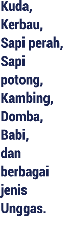 Kuda, Kerbau, Sapi perah, Sapi potong, Kambing, Domba, Babi, dan berbagai jenis Unggas.