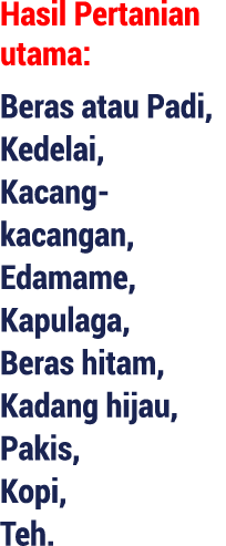 Hasil Pertanian utama: Beras atau Padi, Kedelai, Kacang kacangan, Edamame, Kapulaga, Beras hitam, Kadang hijau, Pakis...
