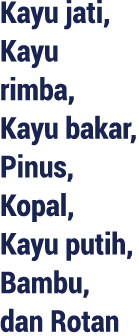 Kayu jati, Kayu rimba, Kayu bakar, Pinus, Kopal, Kayu putih, Bambu, dan Rotan