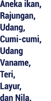 Aneka ikan, Rajungan, Udang, Cumi cumi, Udang Vaname, Teri, Layur, dan Nila.