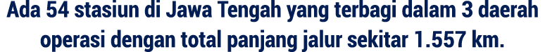 Ada 54 stasiun di Jawa Tengah yang terbagi dalam 3 daerah operasi dengan total panjang jalur sekitar 1.557 km.
