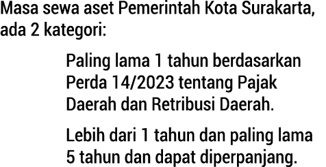 Masa sewa aset Pemerintah Kota Surakarta, ada 2 kategori:  Paling lama 1 tahun berdasarkan Perda 14/2023 tentang Paj...
