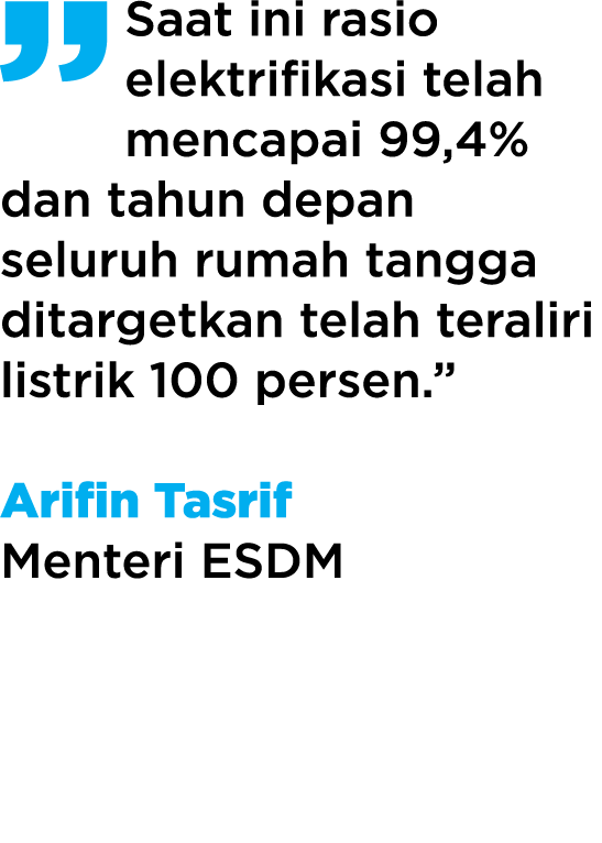  Saat ini rasio elektrifikasi telah mencapai 99,4% dan tahun depan seluruh rumah tangga ditargetkan telah teraliri li   