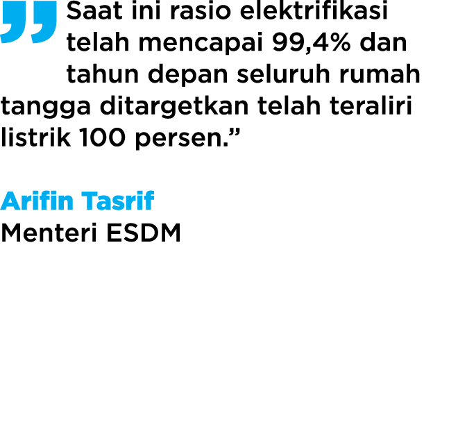  Saat ini rasio elektrifikasi telah mencapai 99,4% dan tahun depan seluruh rumah tangga ditargetkan telah teraliri li   