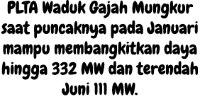 PLTA Waduk Gajah Mungkur saat puncaknya pada Januari mampu membangkitkan daya hingga 332 MW dan terendah Juni 111 MW. 