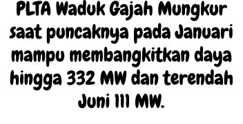 PLTA Waduk Gajah Mungkur saat puncaknya pada Januari mampu membangkitkan daya hingga 332 MW dan terendah Juni 111 MW. 